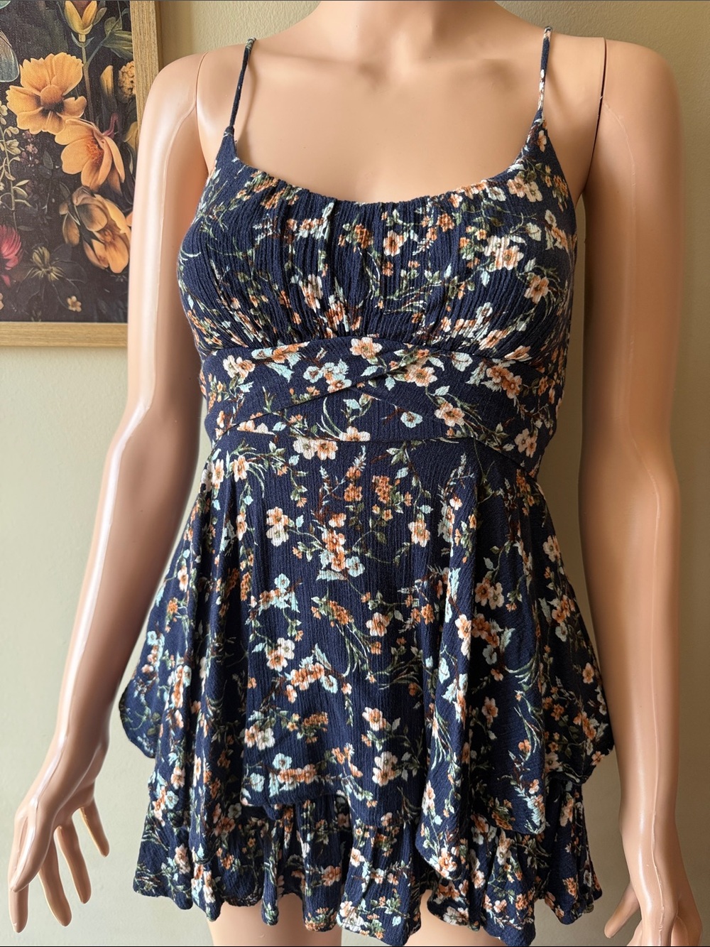 Women’s Navy Floral Spaghetti-Strap Peplum romper